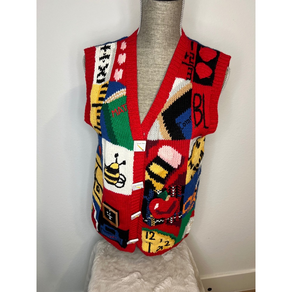Eagle's Eye Sweater Vest Womens M Red Blue Vintage 1995 School Teacher Hand Knit